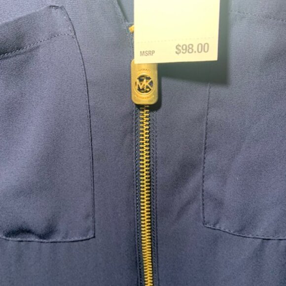 NWT Michael Kors Women's Navy Gold Zip Work Blouse - Size L - FLAW - Discounted - Picture 2 of 8